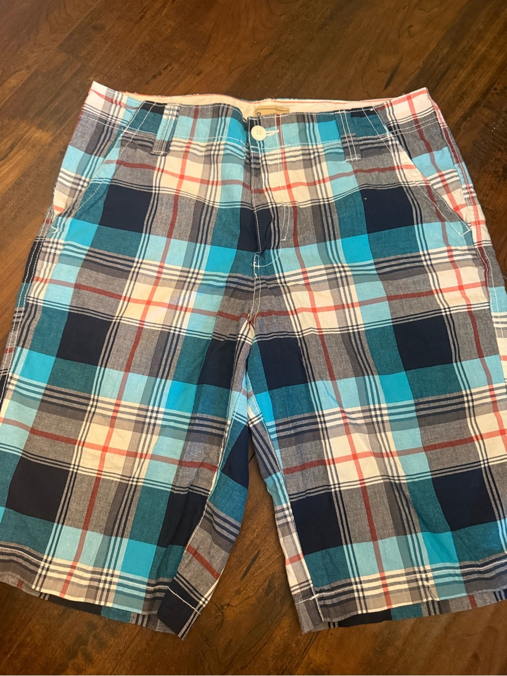 Roebuck & Co Blue White Plaid Flat Front Bermuda Walking Shorts Sz 34